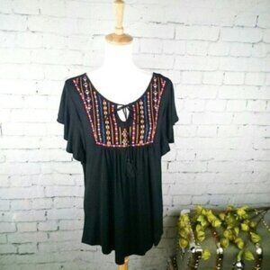 RXB Boho Embroidered Flowy Top Black Medium